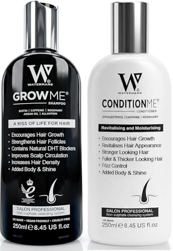 Haarwuchs Shampoo, Haarwuchs-Conditioner Watermans, Biotin, Arganöl, Allantoin, Rosmarin, Niacinamid B3, Lupinenprotein mit vielen anderen Vitaminen für das Haarwachstum.