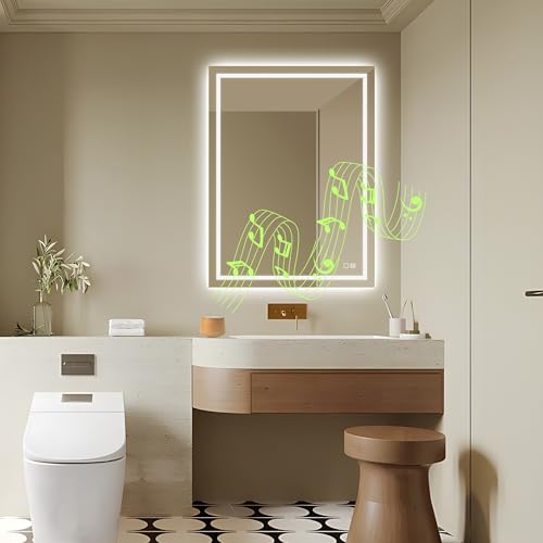 UBUD Espejo de Baño con Luz Led, 60 x 80 cm, con Interruptor Táctil, Altavoz Bluetooth Portatil, Antivaho, Regulación de Intesidad, Cambio de Color, Vidrio Anti-estallido.