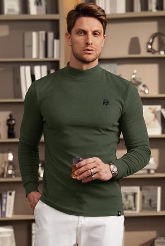 Image of Herberton Mens Mock Turtleneck Shirts Thermal Fleece Casual Undershirt | Mockneck, Long Sleeve, Warm Fleeced, Regular Fit, Soft Feel, Stretchy, Solid Color, Embroidery Design, Cold Weather, S-2XL