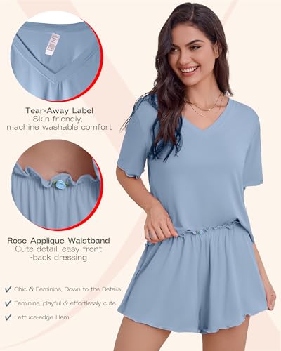 Image of Bamboo Viscose Pajamas for Women Set 2 Piece Comfy Lounge Sets Soft Tshirt & Sleep Pjs Shorts with Rose Applique
