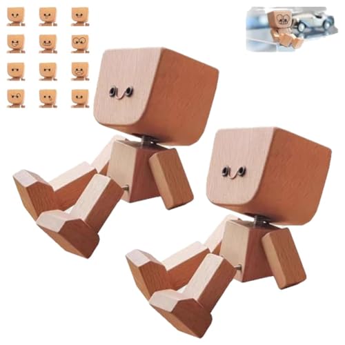Lonvgrt Figura in Legno con Gambe a Molla, Graziosa Piccola Figura in Legno Che Ondeggia con 12 Espressioni Magnetiche, Statuetta di Un Uomo Che Trema per Il Cruscotto Dell'auto, Giocattolo(2pcs)