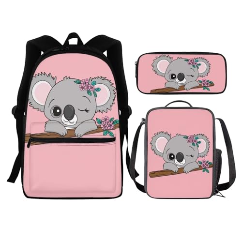 Tongluoye Bonita mochila Koala para niñas con fiambrera, preescolar, primaria, mochila para niños, para 3º, 4, 5, 6º grado, adolescentes, estuche para lápices, mochila para estudiantes, color rosa