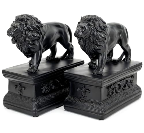 Bellaa Lion Bookends - Decorative Vintage Antique Style Book Ends for Shelves, Non-Skid Heavy Duty Library Bookshelf Organizer, Set of 2, 7 Inch Black, Majestic Decor 23453