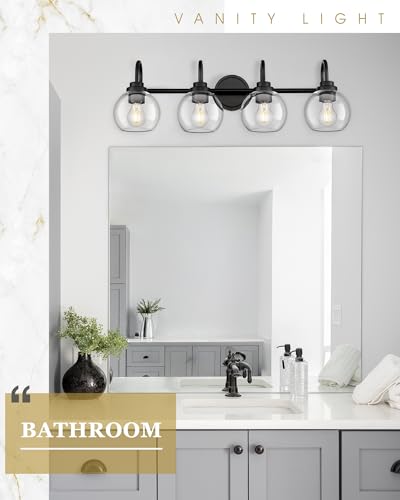 Image of Bathroom Light Fixtures, 4-Light Matte Black Vanity Lights with Globe Clear Glass, 30 Inch Modern Vanity Lighting Fixtures Over Mirror, AD-22280-4W-BK