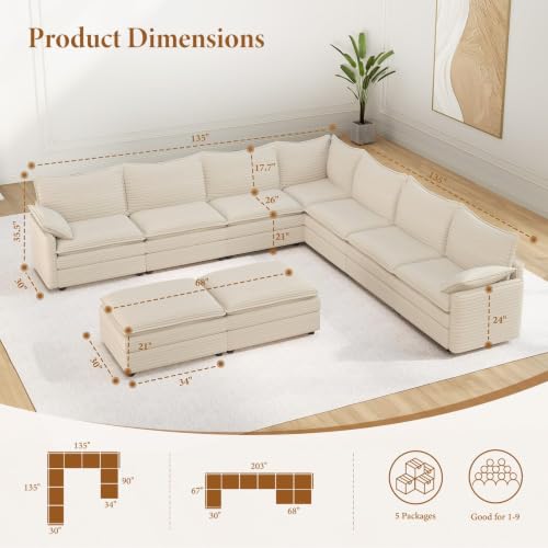 Image of Vesgantti 135 inch U Shaped Sectional Modular Couch, Comfy Cloud Sofa, Beige