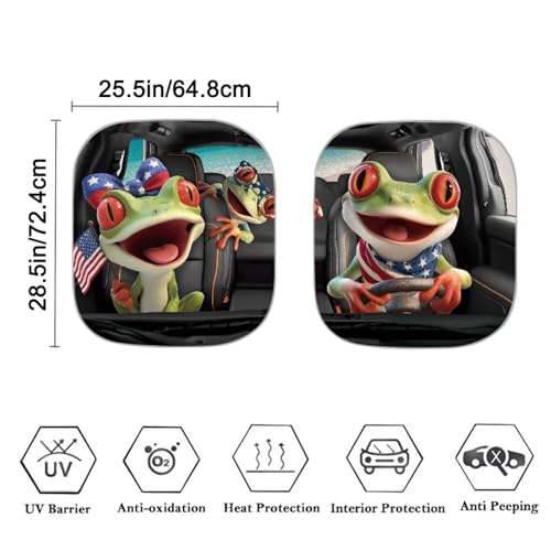 Image of Frog Driving Car Windshield Sun Shade Independence Day Front Windshield Shade for Sun 2-Piece Independence Day Foldable Car Windshield Sun Shade Automotive Protector