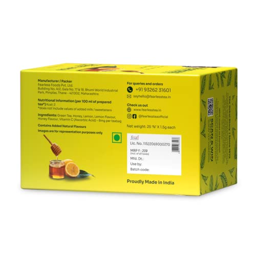 Image of Fearless Honey Lemon Green Tea Bags 25 pcs | Immune Boost with Added Vitamin C | Comforting & Refreshing Flavour | Natural Aroma & Organic Taste | For Fast Weight Loss | 100% Whole Leaves, No Dust