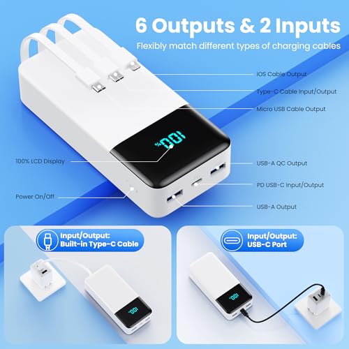 Image of Portable Charger 50800mAh Power Bank with 3 Built in Cables,25W PD QC4.0 Fast Charging USB C Battery Pack,6 Outputs 2 Inputs Travel Essentials Phone Charger for iPhone 17 /16 /15,Google,Android,White