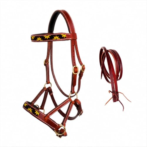 CHALLENGER Horse Western Leather Beaded Bitless Sidepull Bridle Reins Sun Flower 77RS24TN-F