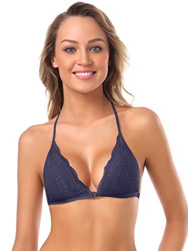 Image of SHEKINI Women's Embroidered Triangle Bra Front Closure Plunge Wireless Lightly Lined Lace Bralette Top