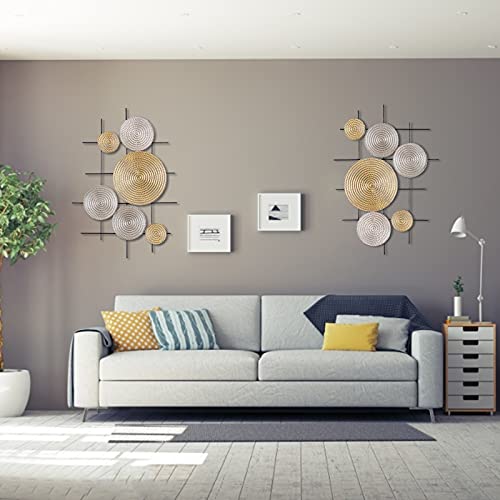 Lorydeco Metal Wall Art Modernist Iron Wall Decor Silver And Gold Modernist Floating Circles Crinkle Hand Cast Abstract Geometric Decoration For Porch,Room,Living Room, About 2.5Ft Long, 2 Pack #TOP2