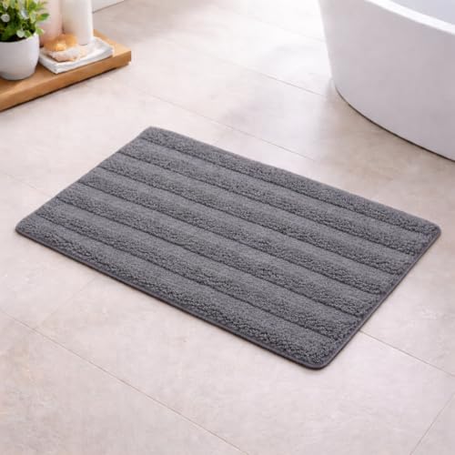 AKIKO HOME Premium Combed Cotton Tufted Bathmat 45 x 65 cm, 1800 GSM Soft Absorbent Anti Skid Bathroom Floor Mat with Latex Backing, Quick Dry Non Slip Bath Rug for Shower & Daily Use, Stripes Grey