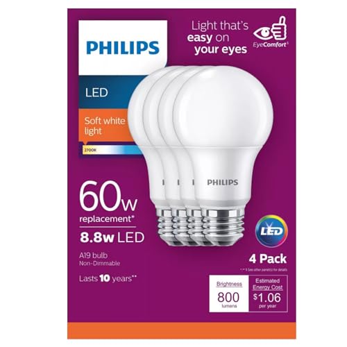 Philips LED Frosted Non-Dimmable A19 Light Bulb - Pack of 4 - EyeComfort Flicker Free - 8.8W = 60W - 800 Lumen - Soft White (2700K) - E26 Base - Indoor - Title 20