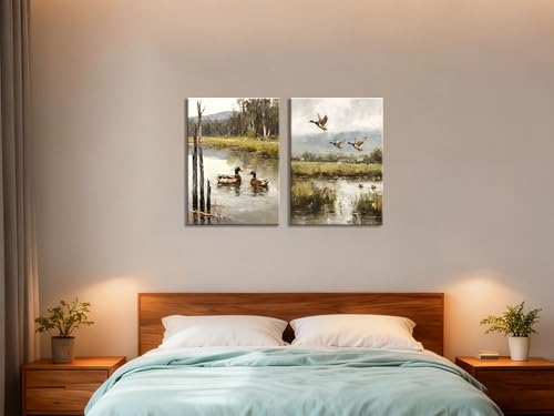 Image of Frimeeme 2 Pcs Vintage Mallard Duck Canvas Wall Art, 12x16 Inches