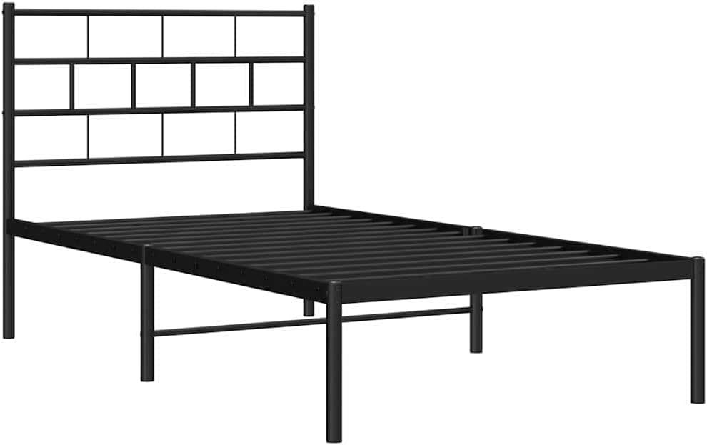 Metal Bed Frame Black Steel Single Size 39.4 x 74.8 in Durable Platform Foundation with Slatted Sturdy Design Headboard for Modern Bedroom Storage and Mattress Support