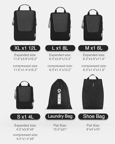 Lyrovo Polyester 6 Set Compression Packing Cubes Travel Accessories Expandable Packing Organizers Pouch (Black)