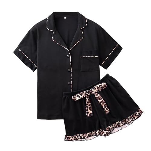 RONGTAI Womens Pajamas Set 2 Pcs Button Down Shirt with Pocket Matching Ruffled Leopard Pjs Shorts Black Sleepwear Sets Summer Casual Soft Holiday Loungewear M