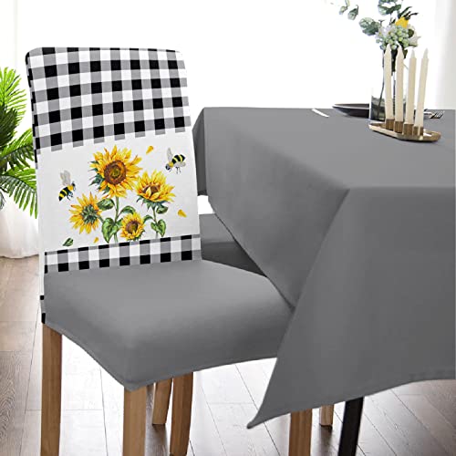 Stretch Dining Chair Covers, Summer Sunflower Bee Black Plaid Checkered Farmhouse Removable Dining Chair Protector Slipcovers For Kitchen, Party, Restaurant, Set Of 4 #TOP4