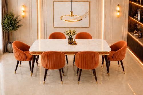 Image of WOODEN SPACE 6-Seater Wooden Dining Table Set | Nano Composite Marble Top | Solid Wood Base | Modern Dining Room Furniture with 6 Chairs (Mustard)