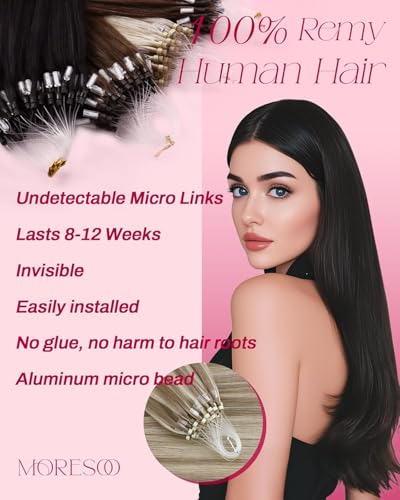 Image of Moresoo Micro Link Hair Extensions Human Hair, Light Brown Platinum Blonde | 20inch, 50g 50 strands, no heat no glue, long straight hair, platinum blonde blend, weekend outings, natural movement
