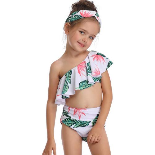 Hilor Girl's Bikini Set Crop Flounce Two Piece Swimsuits Kids One Shoulder Bathing Suits Green Leaves 9-10 Years #TOP2