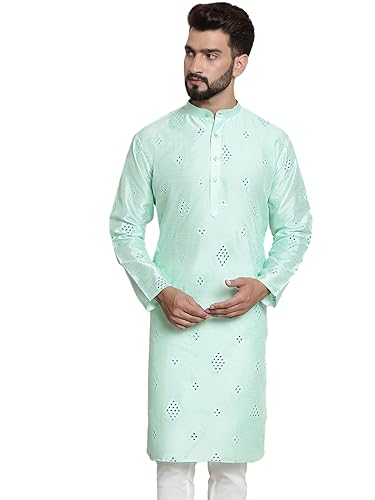 SOJANYA (Since 1958 Men's Silk Blend Mirror Work Sea Green ONLY Long Kurta
