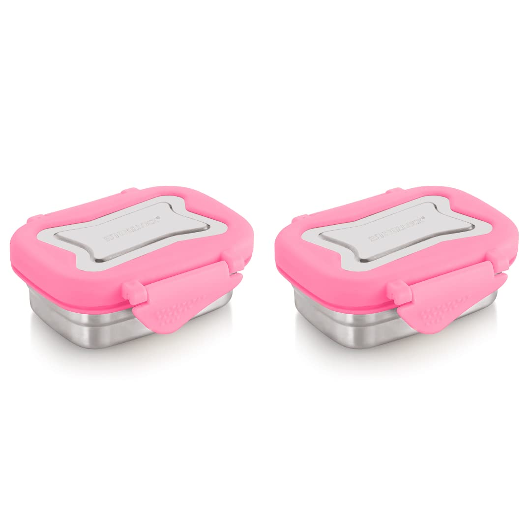 STEELLOCK Smart Stainless Steel Tiffin Lunch Box for Kids and Adults | Airtight & Leakproof | Rectangle Tiffin Box for School & Office with Steel Lid | Pink 170ml - 2pc