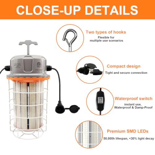 400W LED Temporary Work Light, 56000LM Construction Light 5000K Daylight White, Linkable Hanging Jobsite Light with Hook, IP65 Waterproof Portable High Bay Lighting for Workshop Garage Warehouse — view 6