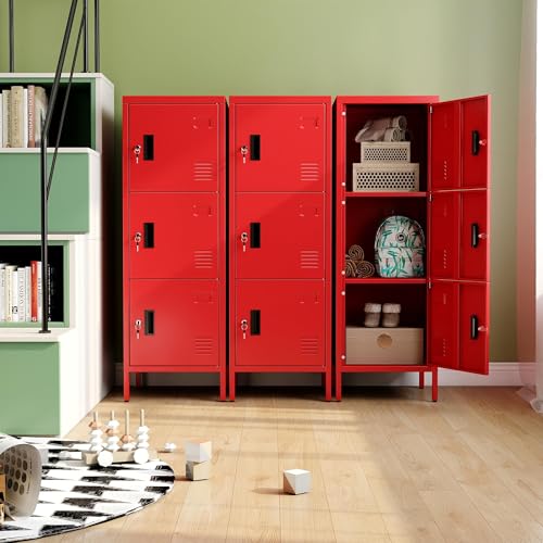 Aobabo 3 Doors Metal Lockers for Employees School Office Gym Home Storage,Assembly Required,Red,47.2\" H×15.75\" W×15.75\" D