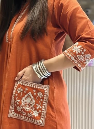 Image of SHEINZY Women's Embroidered Kurta Set with Pants | 3 /4 Sleeve V-Neck Kurti with Floral Thread Work | Ethnic Indian Wear for Casual & Festive Occasions | Comfortable Co-ord
