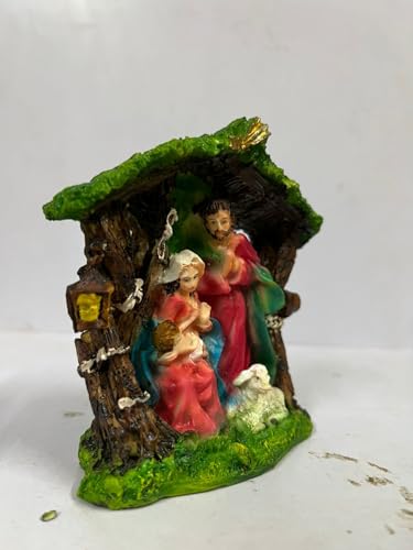 Image of KariGhar Crib House Set Nativity Set Holy Family Statue with Sheep Catholic Idol Perfect for Altar, Housewarming, Gifting and Decoration,