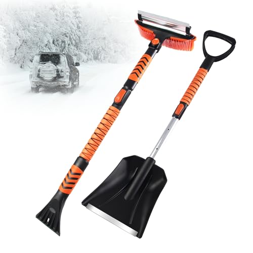 Ausziehbarer Scheibenkratzer Auto & Schneeschaufel, Abnehmbares Autos Werkzeug zum Entfernen von EIS, Eiskratzer Auto Mit Besen Multifunktional Auto Winter Zubehoer Set Schwenkbarem Bürstenkopf