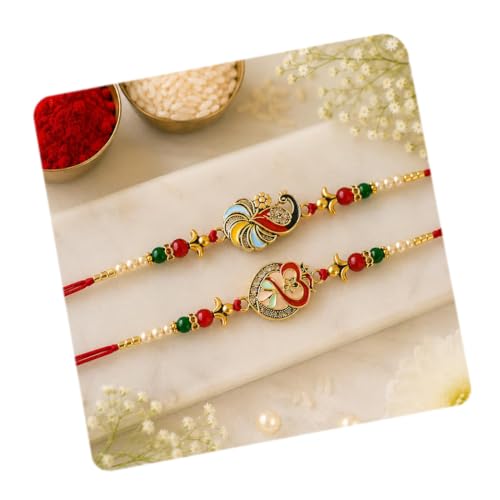 Image of CraftVatika Kundan Rakhi Set for Brother Set of 2, Designer Peacock Rakhi for Brother Boy Men, Premium Kalash Raki for Bhaiya, Traditional Rakshabandhan Rakhis with Best Wishes Card and Tillak Set