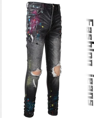 Jeans Pants Trousers Denim Men Stretch Slim Fit Street Trendy Black Personalized Graffiti Spray Paint Dotted Hole Hairy Casual(Black,33)3