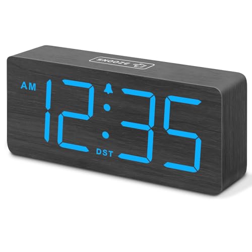 DreamSky Wooden Digital Alarm Clock for Bedroom - Desk Clocks for Living Room with Large Numbers, Dimmer, Loud Alarm for Heavy Sleepers with Volume Control, DST, Office Wood Decor (Plug in Clock)
