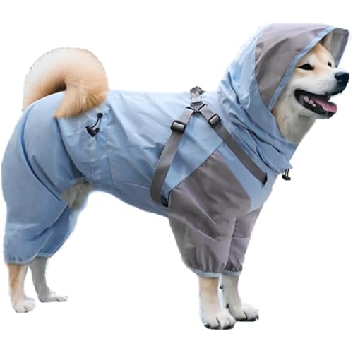 「FLYKING」犬用レインコート ハーネス付き 4本足 カッパ 帽子付き ドッグウェア 防水、小型犬、中型犬、背中開き パーカー 小型犬 中型犬 大型犬 耐水性 防雪 防風 通気 着脱簡単 梅雨対策 (ブルー,XL)