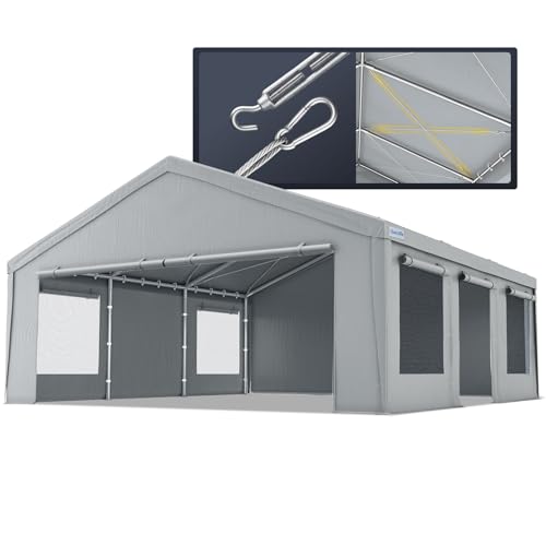 Quictent 20x20 ft Heavy Duty 2 Car Carport, Waterproof Storage Shelter with Zipper Side Doors, Snowproof Steel Cables & Ventilated Windows, Outdoor Garage for Car, Gray