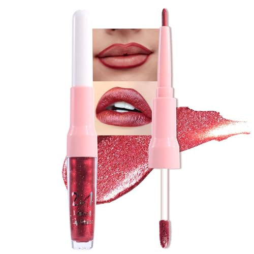Image of evpct Dark Red Metallic Glitter Lip Liner and Lipstick Combo Lip Gloss Stain Set Makeup for Women Long Lasting Waterproof 24, Wine Red Frosted Metallic Shimmer Glossy Chrome iridescent Liquid Lipstick