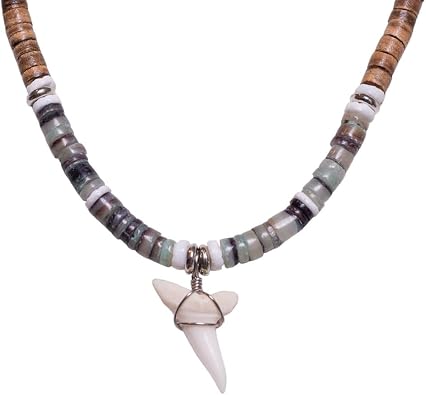 BlueRica Shark Tooth on Coconut Shell Beads Necklace 18" 3N