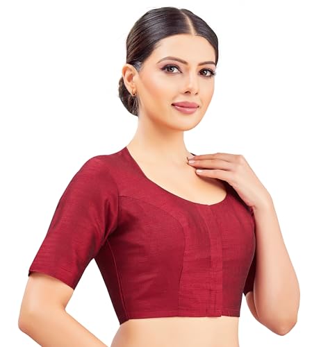 Image of Studio Shringaar Womens Basic Polyester Short Sleeves Textured Plain Coloured Art Silk Saree Blouse