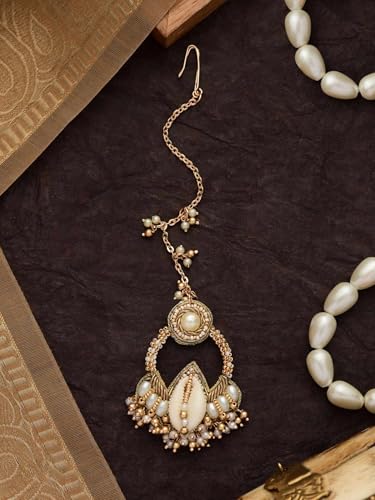 Image of Traditional Cowrie Shell & Pearl Maang Tikka for Haldi Ceremony | Gold-Tone Kundan Beaded Indian Ethnic Maatha Patti with Shell & Pearl Drops | Mehndi Sangeet Wedding Head Jewellery for Women & Girls
