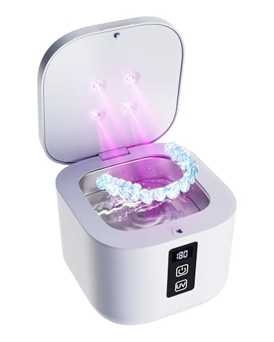 Ultrasonic Retainer Cleaner, 48kHz Ultrasonic Denture Cleaner Machine with UV-Light, 375ML Portable Dental Cleaning Pod for Dental Retainer Mouth Guards Aligner Night Guard Braces Toothbrush