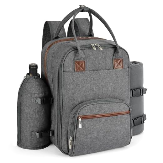 ALLCAMP OUTDOOR GEAR Picnic Backpack for 2 Person W/ Detachable Bottle/Wine Holder, Fleece Blanket, Plates and Cutlery Set (Grey)