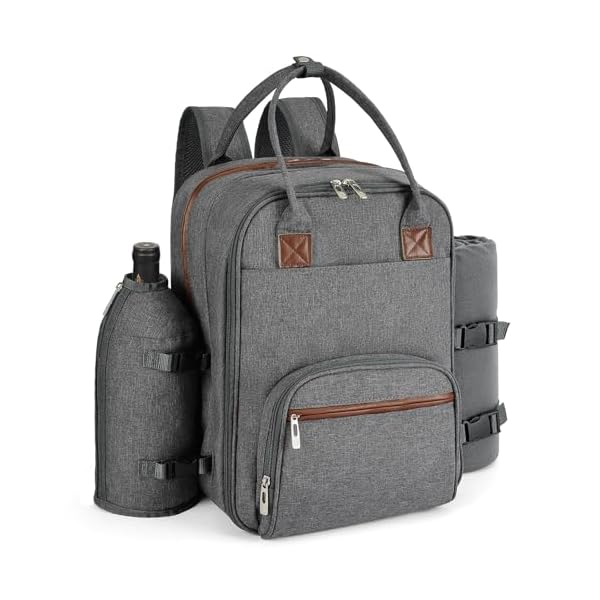 ALLCAMP Picnic Backpack - Insulated Cooler Bag with Compartment, Detachable Wine Glass Holder, Throw Blanket & Cutlery Set, 2 Person Picnic Set for Family Outings, Couple Gifts (Gray)