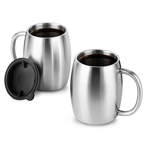 Stainless Steel Coffee Mug With Lid, Set Of 2 - Premium Double Wall Insulated Travel Mugs - Shatterproof, Bpa Free Spill Resistant Lids, Dishwasher Safe #TOP7