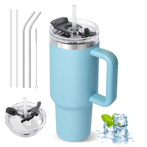 ZAKVOP Taza Termo cafe para Llevar, Taza Termica 1200ml con Tapa y Pajitas, Vaso Termico con Asa, Tumbler para Frío y Caliente, Travel Mug con Tapa Multifunción (Azul claro)