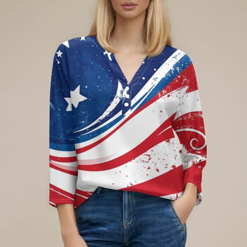Image of 4th of July Shirts Women 3 /4 Length Sleeve Womens Tops Henley Neck Casual Patriotic T Shirts