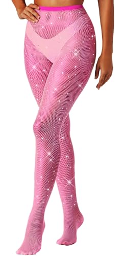 Image of MESU Women Sparkly Rhinestone Fishnets Stockings High Waist Pantyhose Tights Rose Pink