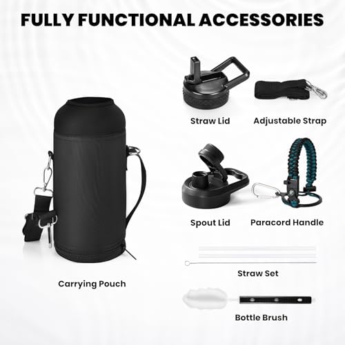 Image of RAYMYLO Insulated Water Bottle 32 oz, Triple Wall Vacuum Stainless Steel (Cold for 24Hrs, Hot for 12Hrs), Leak Proof & Non-BPA, Modern Water Flask Jug with Paracord Handle & Straw Spout Lids