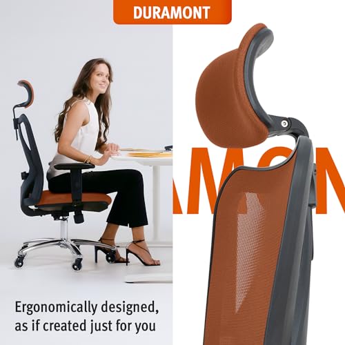 Image of Duramont Ergonomic Office Chair - Adjustable Desk Chair with Lumbar Support and Rollerblade Wheels - High Back Chairs with Breathable Mesh - Thick Seat Cushion, Head, and Arm Rests - Brown